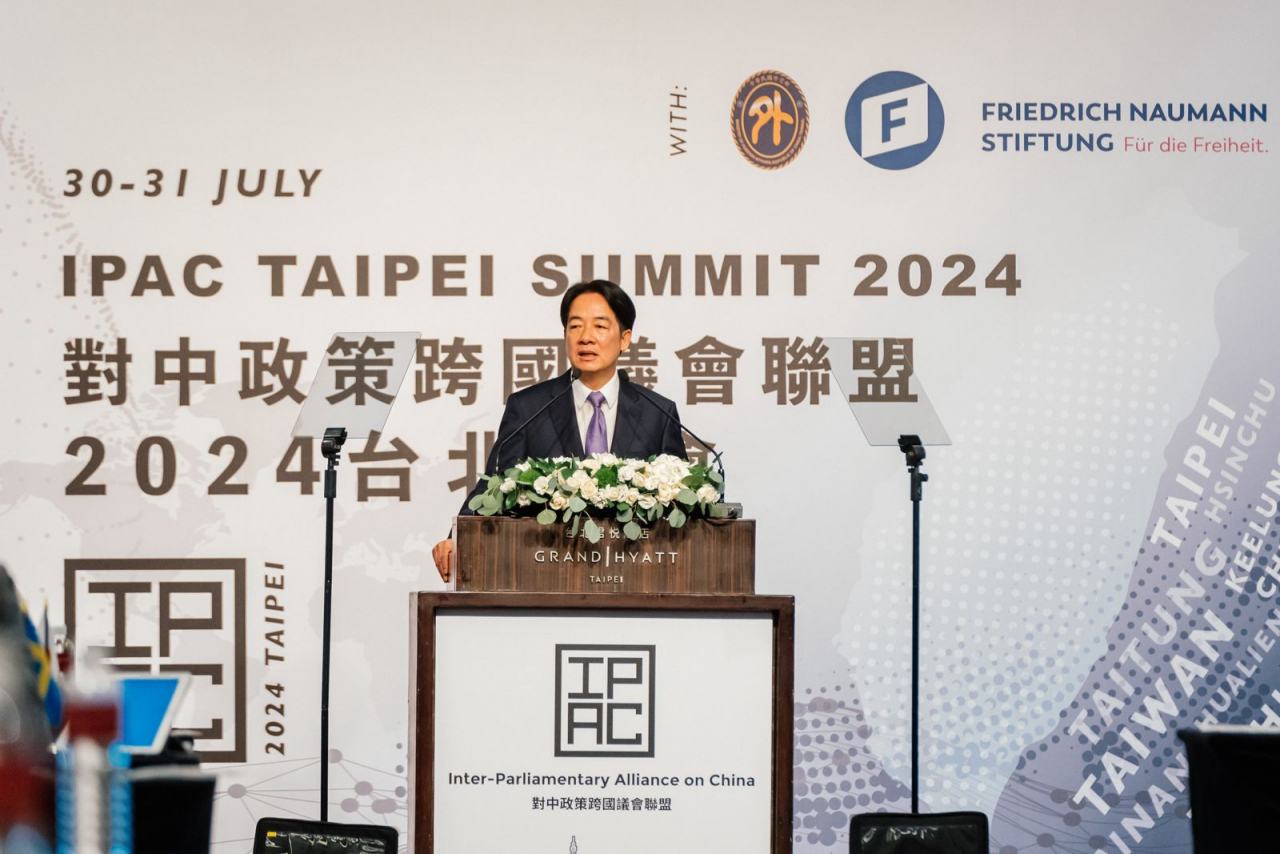 Taiwanese President Lai Ching-te speaks at the annual meeting of Inter-parliamentary Alliance on China hosted in Taipei on Tuesday. (IPAC)