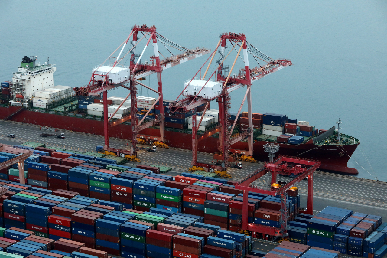 Shipping containers are stacked at a container yard in the port city of Busan on November 05, 2021 in Busan. (Getty images)