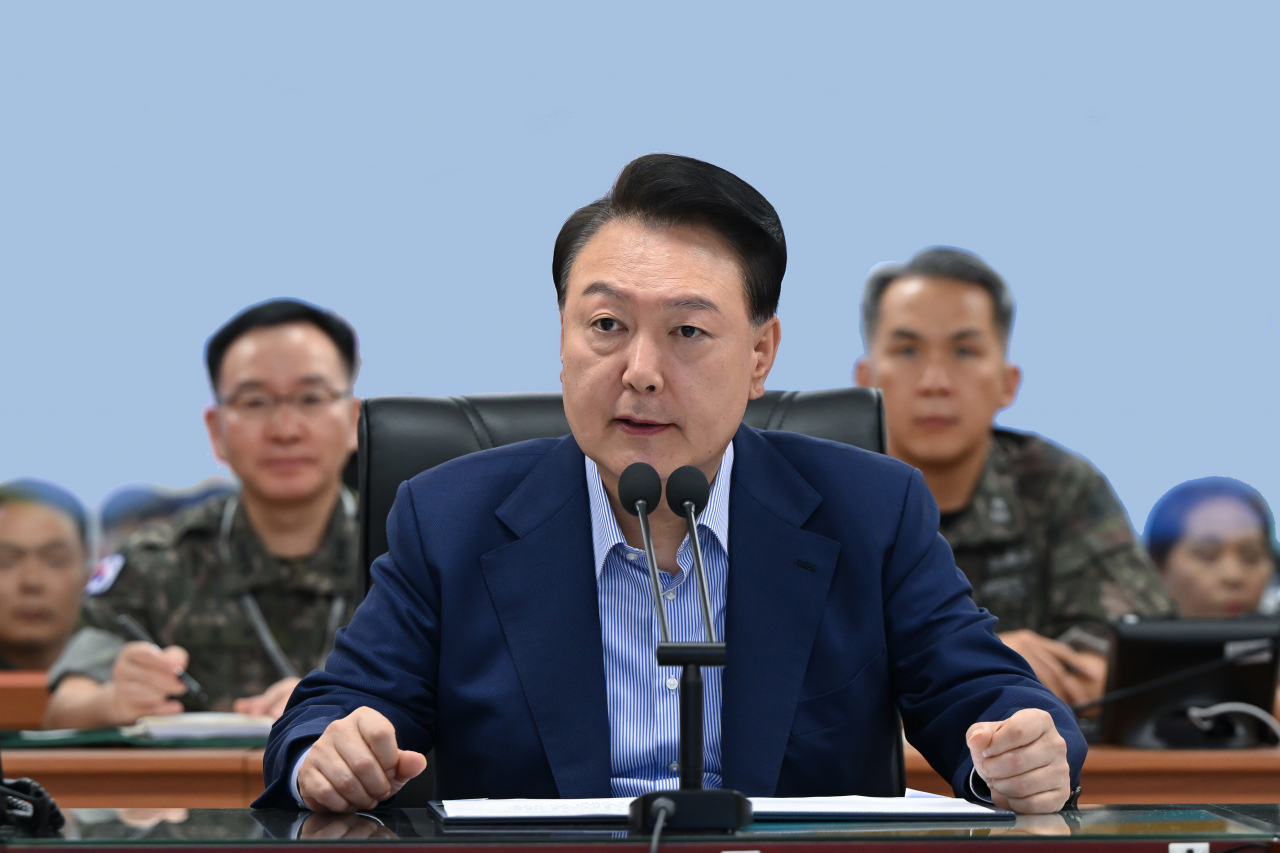 President Yoon Suk Yeol speaks during his visit to the command post at Gyeryongdae military headquarters in Gyeryong, about 160 kilometers south of Seoul, on Friday, in this photo provided by his office. (Yonhap)