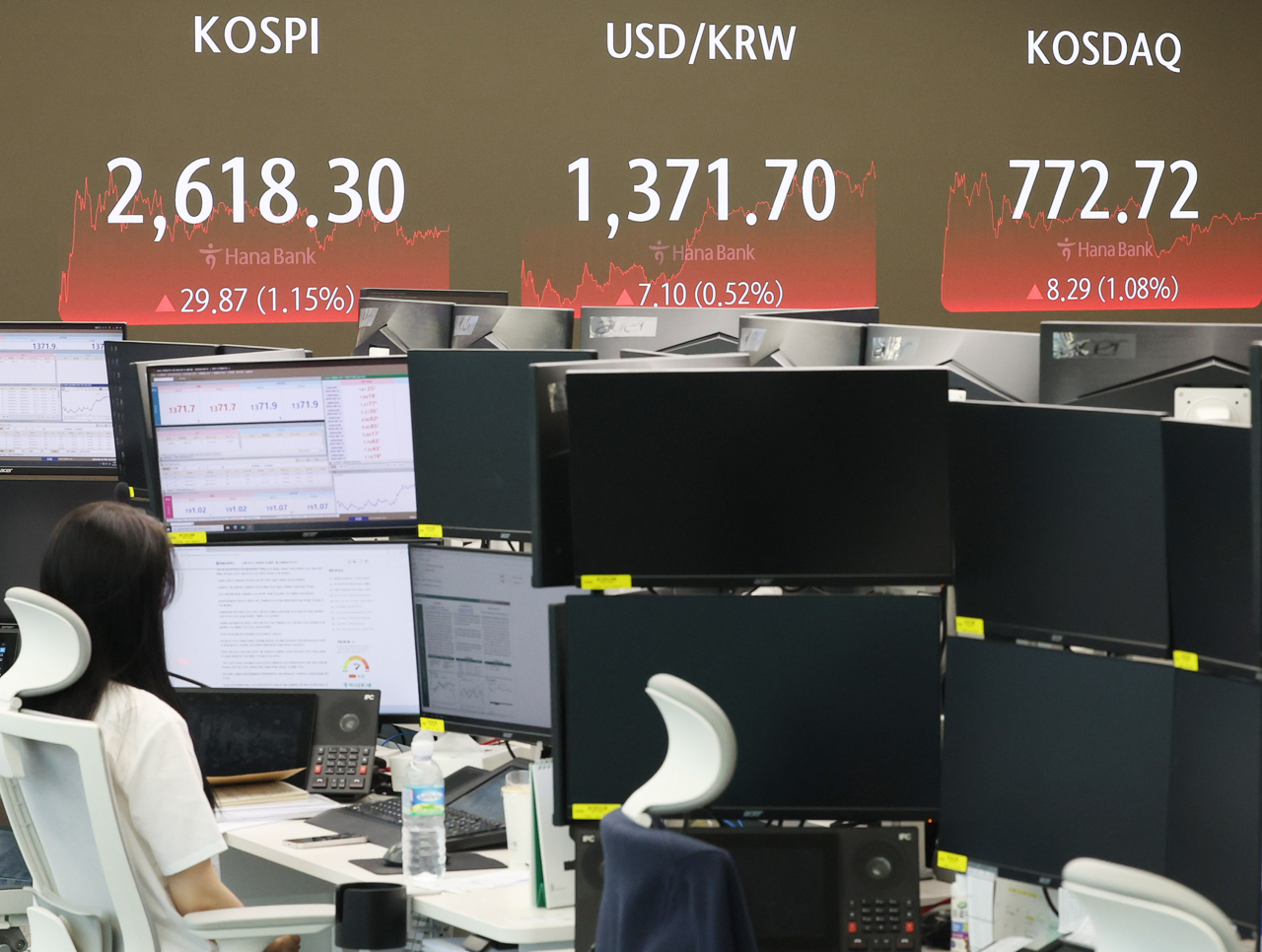 An electronic board showing the Korea Composite Stock Price Index at a dealing room of the Hana Bank headquarters in Seoul on Monday. (Yonhap)