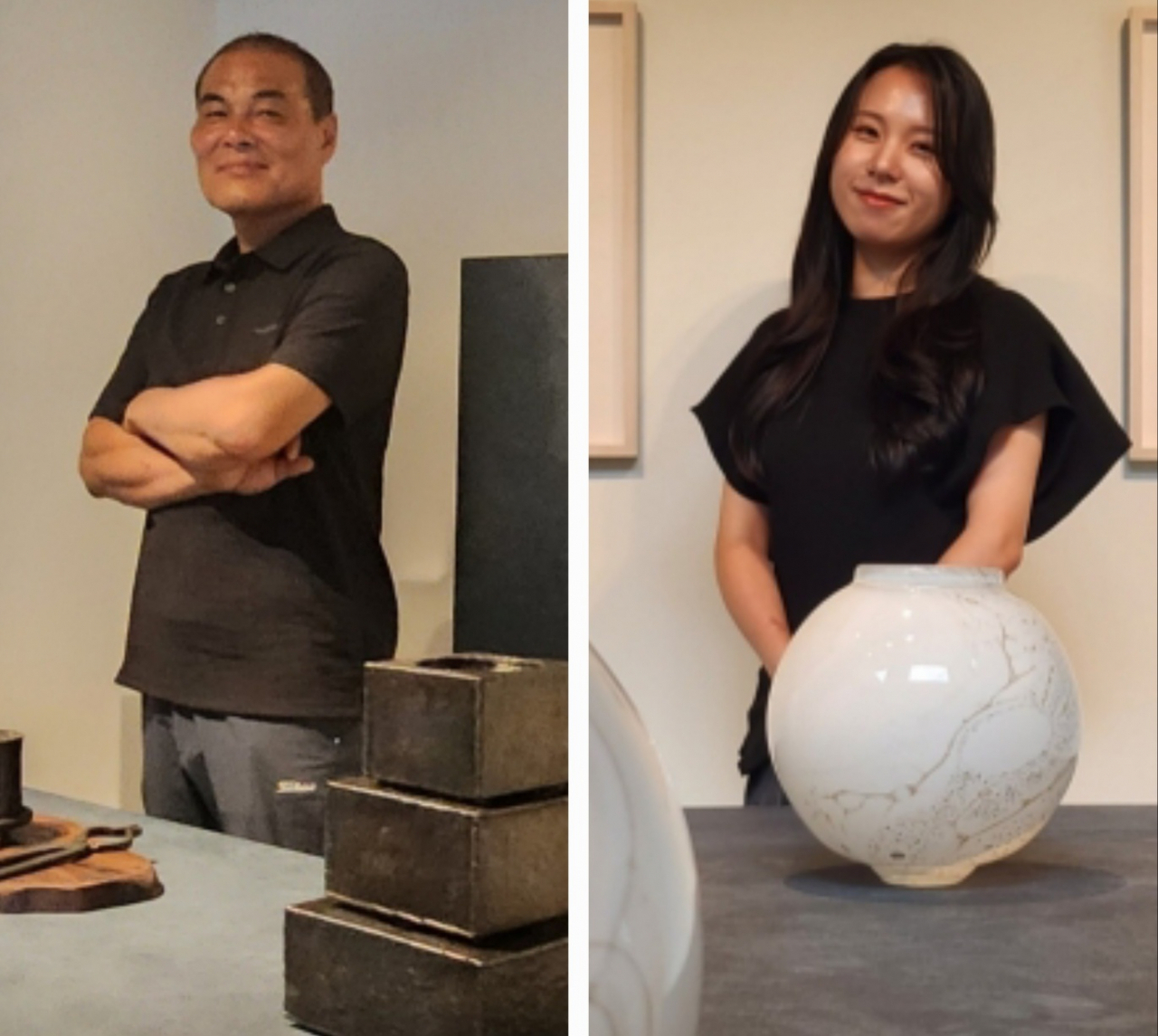 Blacksmith Jeong Hyeong-goo (left) and glass artist Park Jie-min with their creations at the Yeol Korean Heritage Preservation Society showroom. (Choi Si-young/The Korea Herald)