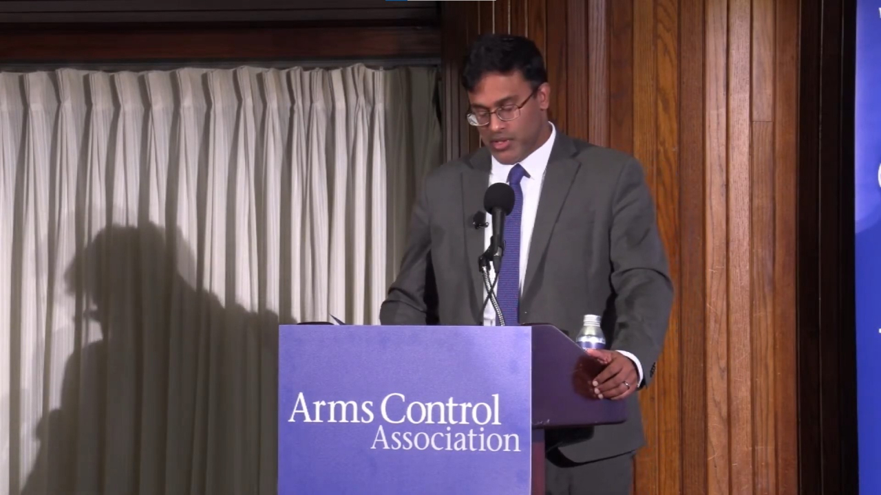 Pranay Vaddi, senior director for arms control, disarmament and nonproliferation on the White House National Security Council, speaks during a forum hosted by the Arms Control Association in Washington on June 7. (YouTube account of the Arms Control Association)