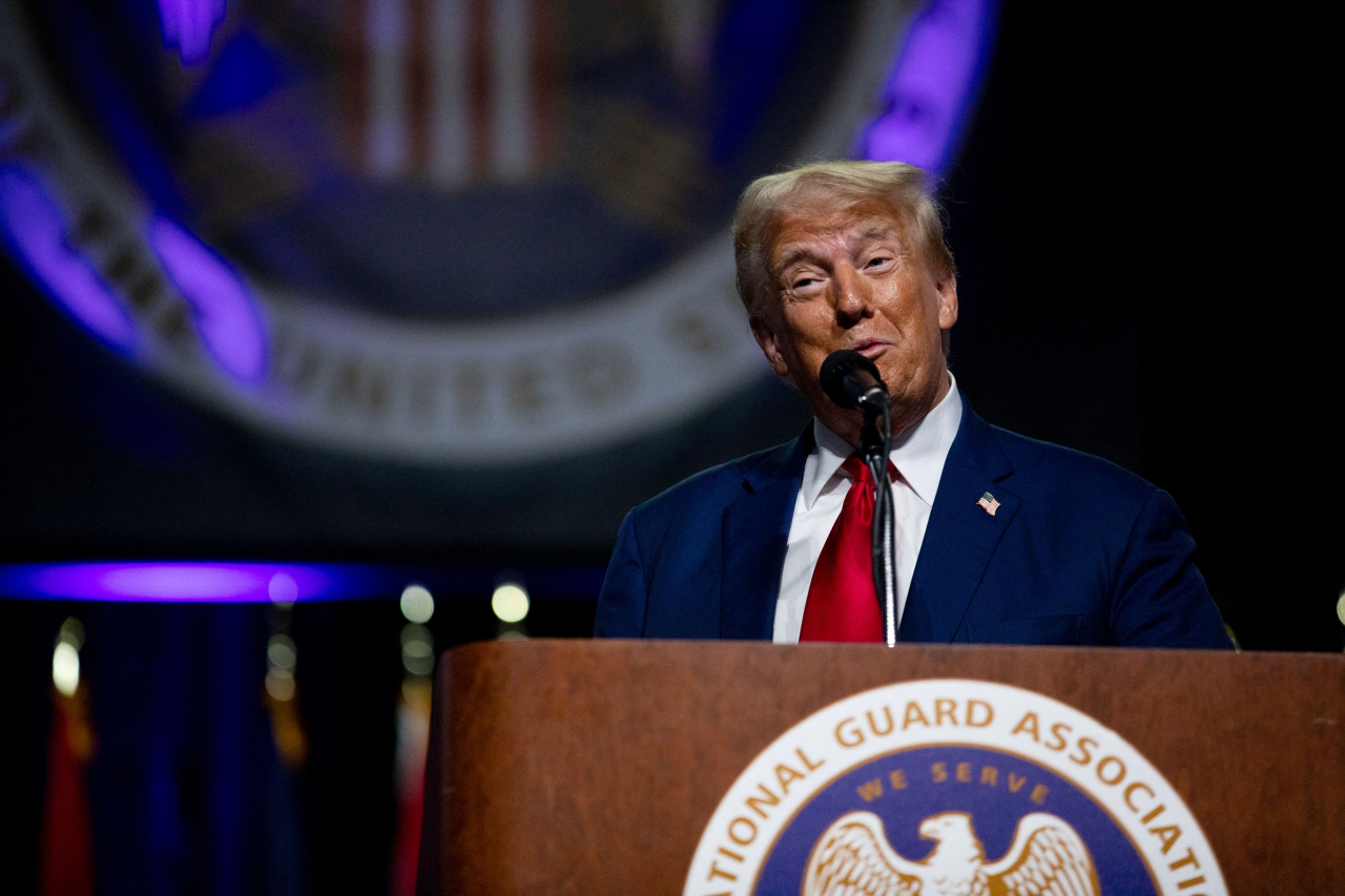 Republican presidential nominee, former US President Donald Trump speaks during the National Guard Association of the United States' 146th General Conference & Exhibition at Huntington Place Convention Center on Monday in Detroit, Michigan. (AFP-Yonhap)