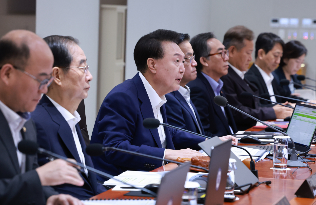 President Yoon Suk Yeol speaks during a Cabinet meeting held at the Presidential Office on Tuesday. (Yonhap)