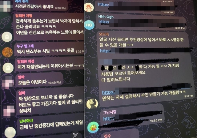 This composite image shows screenshots of Telegram chatrooms related to deepfake pornographic content. (Screenshot from an online community)