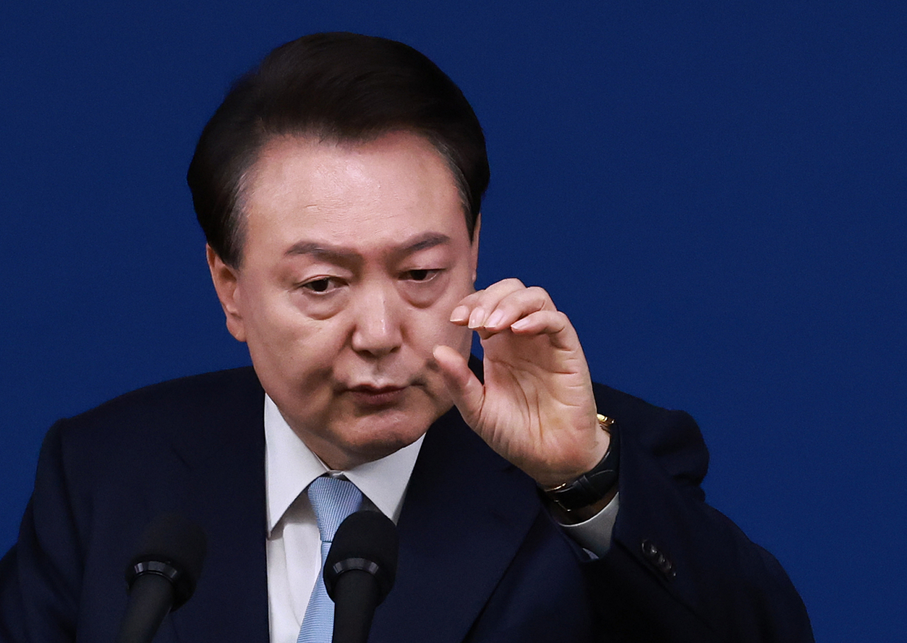 President Yoon Suk Yeol speaks during a news conference after a state affairs briefing at the presidential office in Seoul on Thursday. (Yonhap)