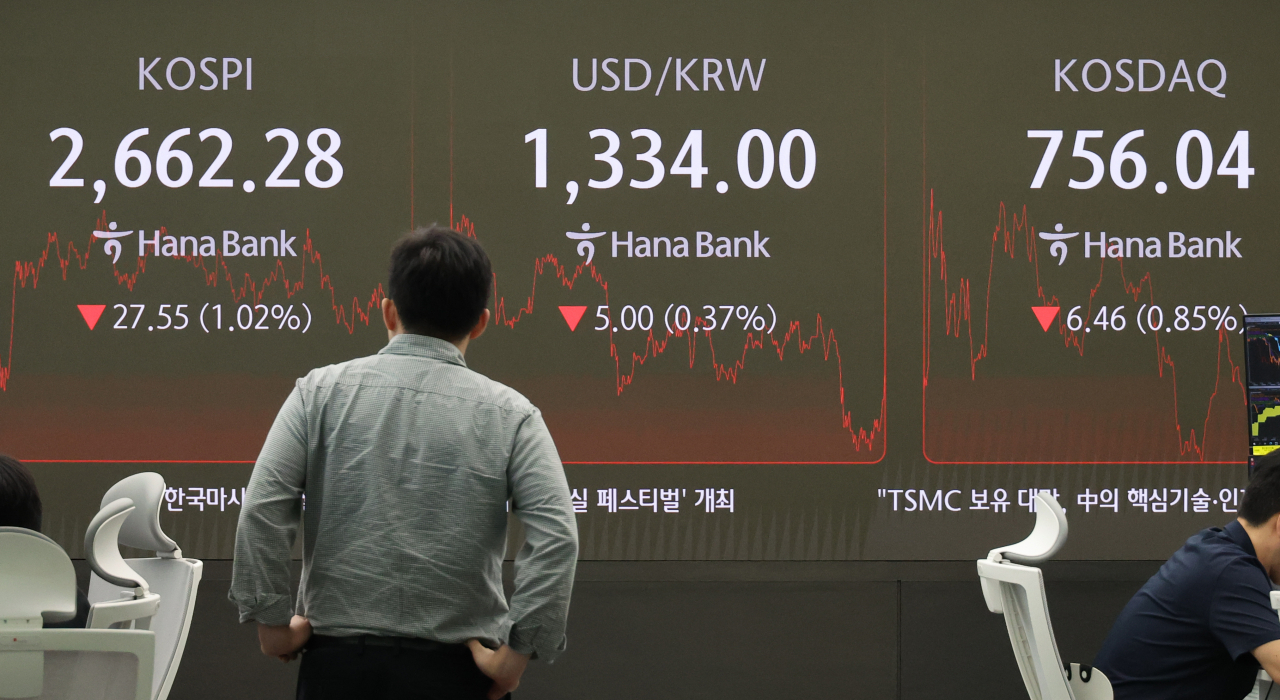 An electronic board showing the Korea Composite Stock Price Index at a dealing room of the Hana Bank headquarters in Seoul on Thursday.