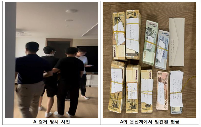 Photo of a man in his <strong></strong>40s at the time of his arrest (left) and cash found at at his hideout. (Seoul Metropolitan Police Agency)