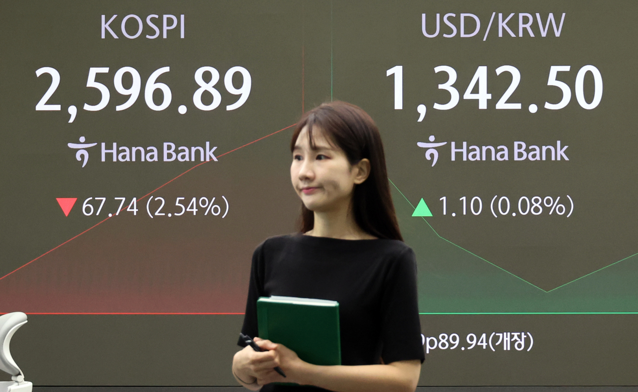 An electronic board showing the Korea Composite Stock Price Index at a dealing room of the Hana Bank headquarters in Seoul on Wednesday. (Yonhap)