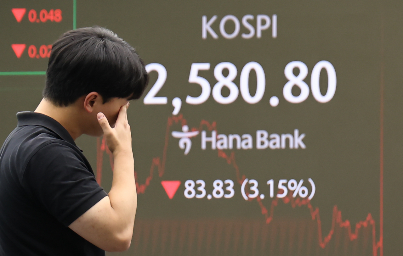 An electronic signboard in the dealing room of Hana Bank in Seoul shows the benchmark Kospi closing at 2,580.8, down 83.83 points or 3.15 percent from the previous day on Wednesday. (Yonhap)