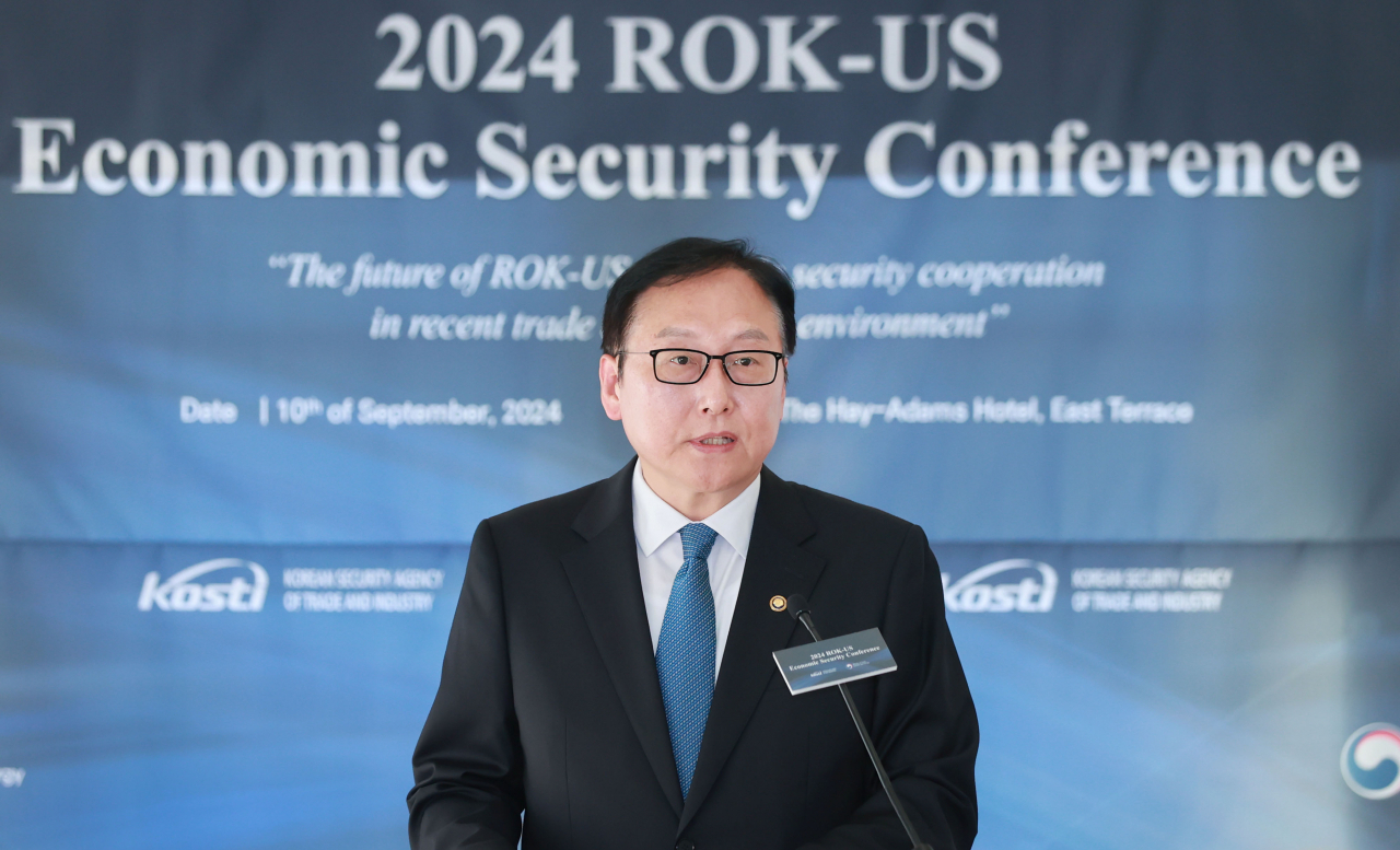 South Korean Trade Minister Cheong In-kyo speaks at the Korea-US Economic Security Conference 2024 in Washington DC on Tuesday. (Ministry of Trade, Industry and Energy)