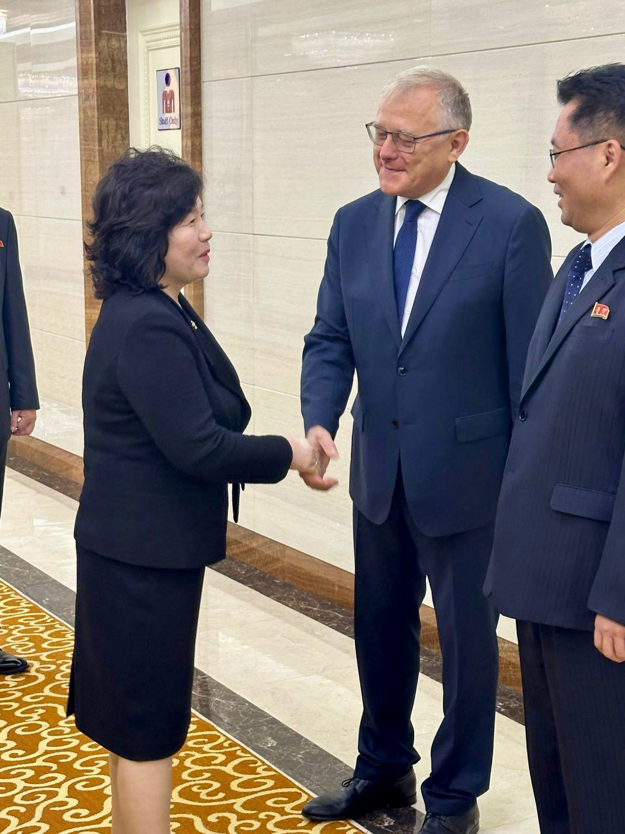 Captured image from Telegram of Russian Embassy in Pyongyang. North Korean Foreign Minister Choe Son-hui (left) left Pyongyang on Monday to attend the 4th Eurasian Women's Forum and the BRICS Women's Forum in St. Petersburg, Russia, the Russian Embassy in Pyongyang said on its Telegram channel. (Yonhap)