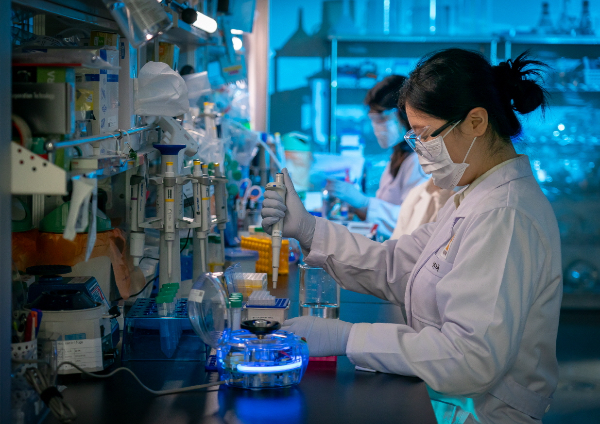 Researchers conduct lab experiments at Daewoong Pharmaceutical. (Daewoong Group)