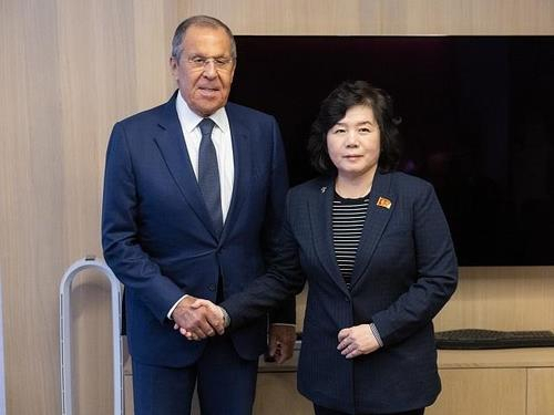 This image shows Russian Foreign Minister Sergey Lavrov (left) and his North Korean counterpart, Choe Son-hui, in Moscow, Tuesday. (Russia's foreign ministry)