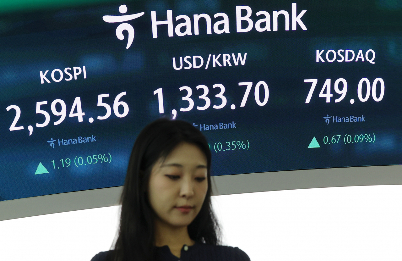 An electronic board showing the Korea Composite Stock Price Index at a dealing room of the Hana Bank headquarters in Seoul on Monday. (Yonhap)