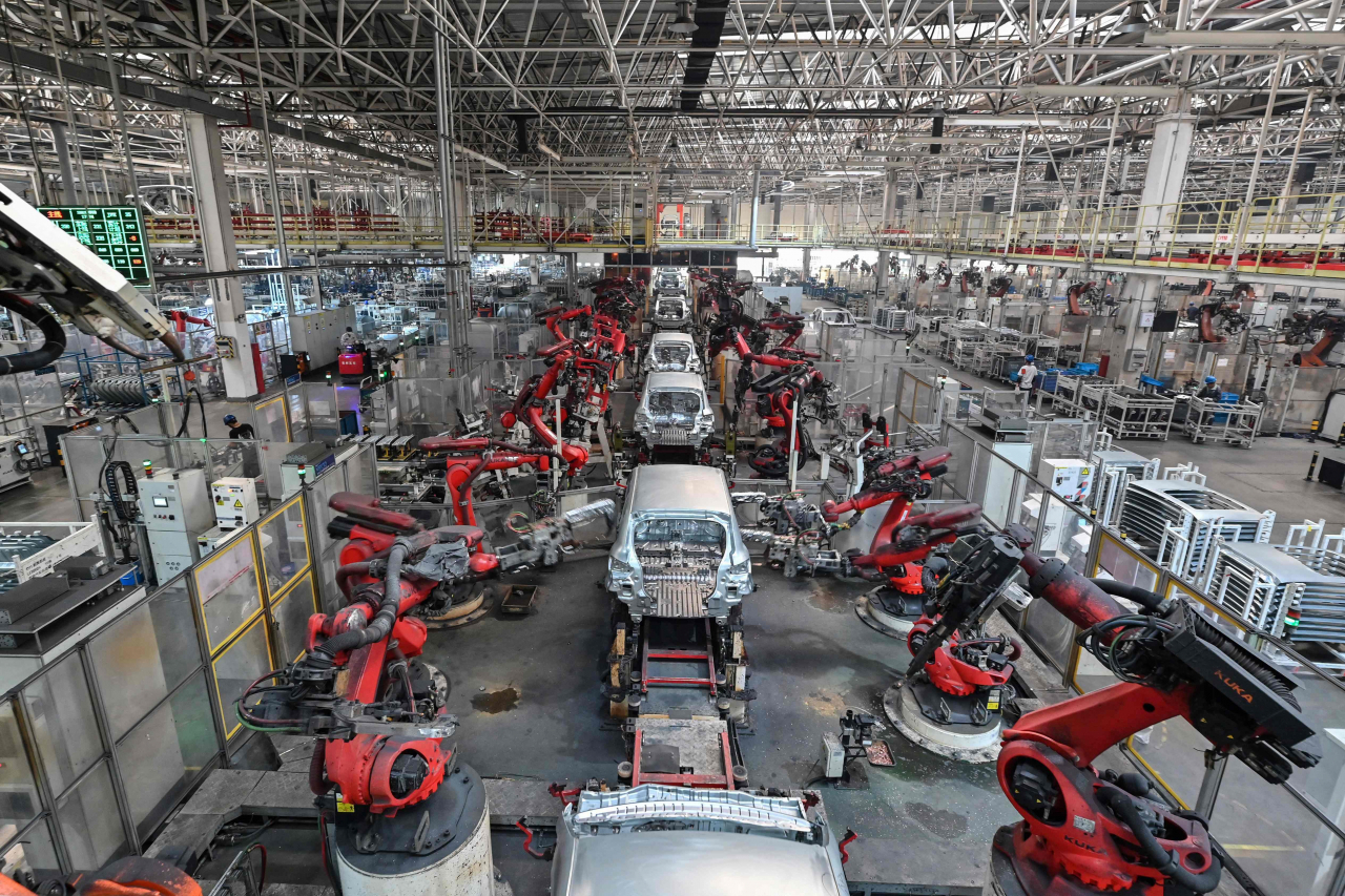 A general view shows an electric vehicle production line at the Leapmotor factory in Jinhua, China's eastern Zhejiang province on Sept.18, 2024. (AFP-Yonhap)