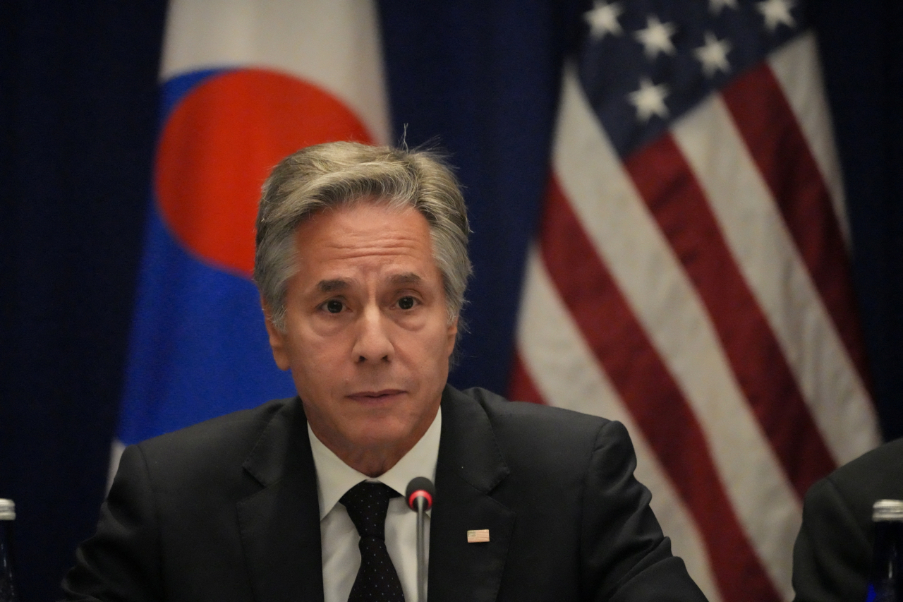 US Secretary of State Antony Blinken speaks during a meeting with South Korean Foreign Minister Cho Tae-yul and Japanese Foreign Minister Yoko Kamikawa in New York on Monday. (Reuters)