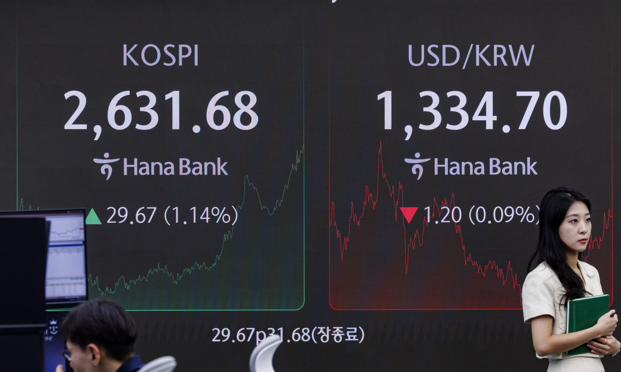 An electronic board showing the Korea Composite Stock Price Index at a dealing room of the Hana Bank headquarters in Seoul on Tuesday. (Yonhap)