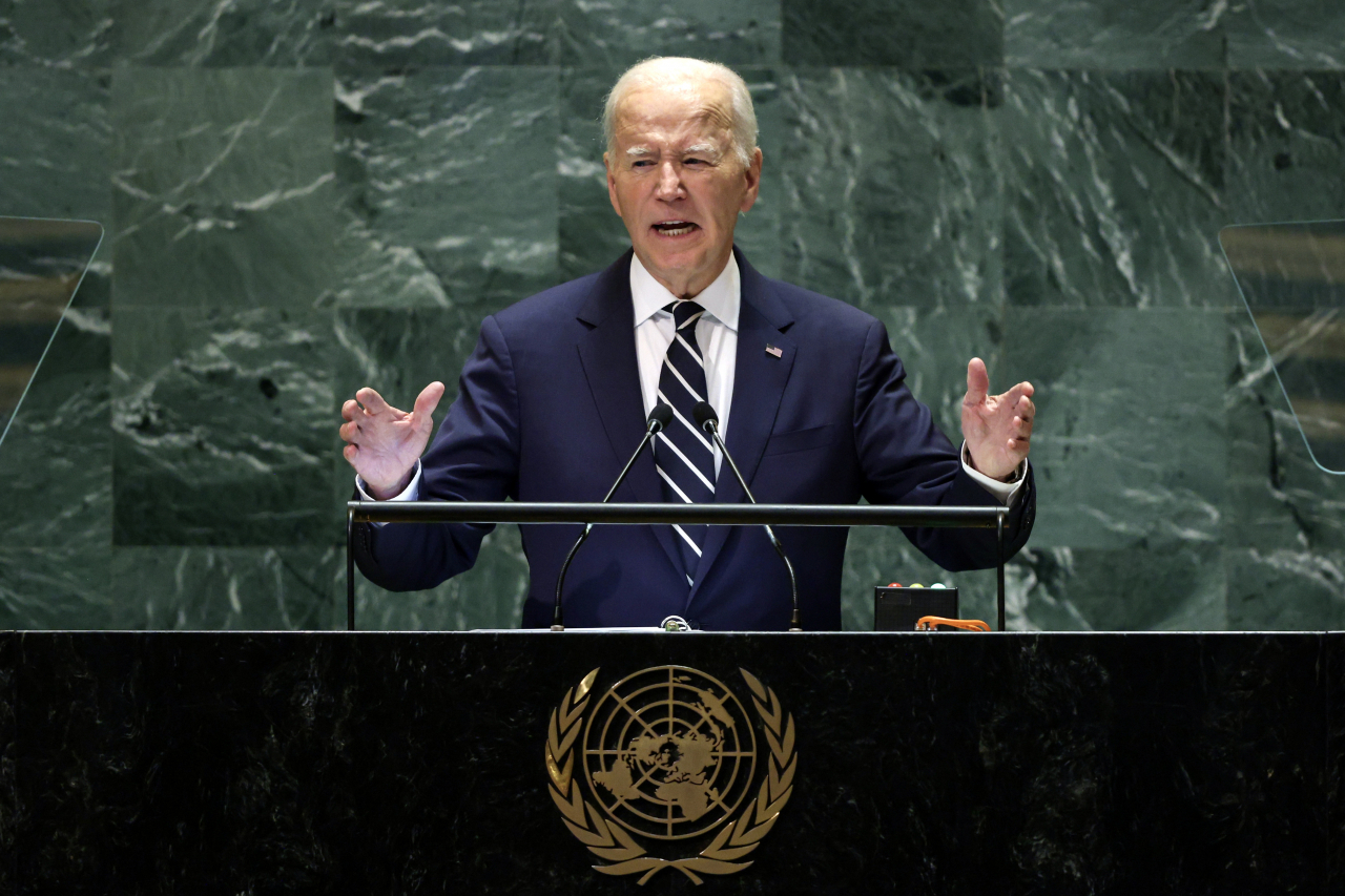 US President Joe Biden addresses the 79th session of the United Nations General Assembly at UN headquarters in New York on Sept. 24, in this photo released by the Associated Press. (Yonhap)