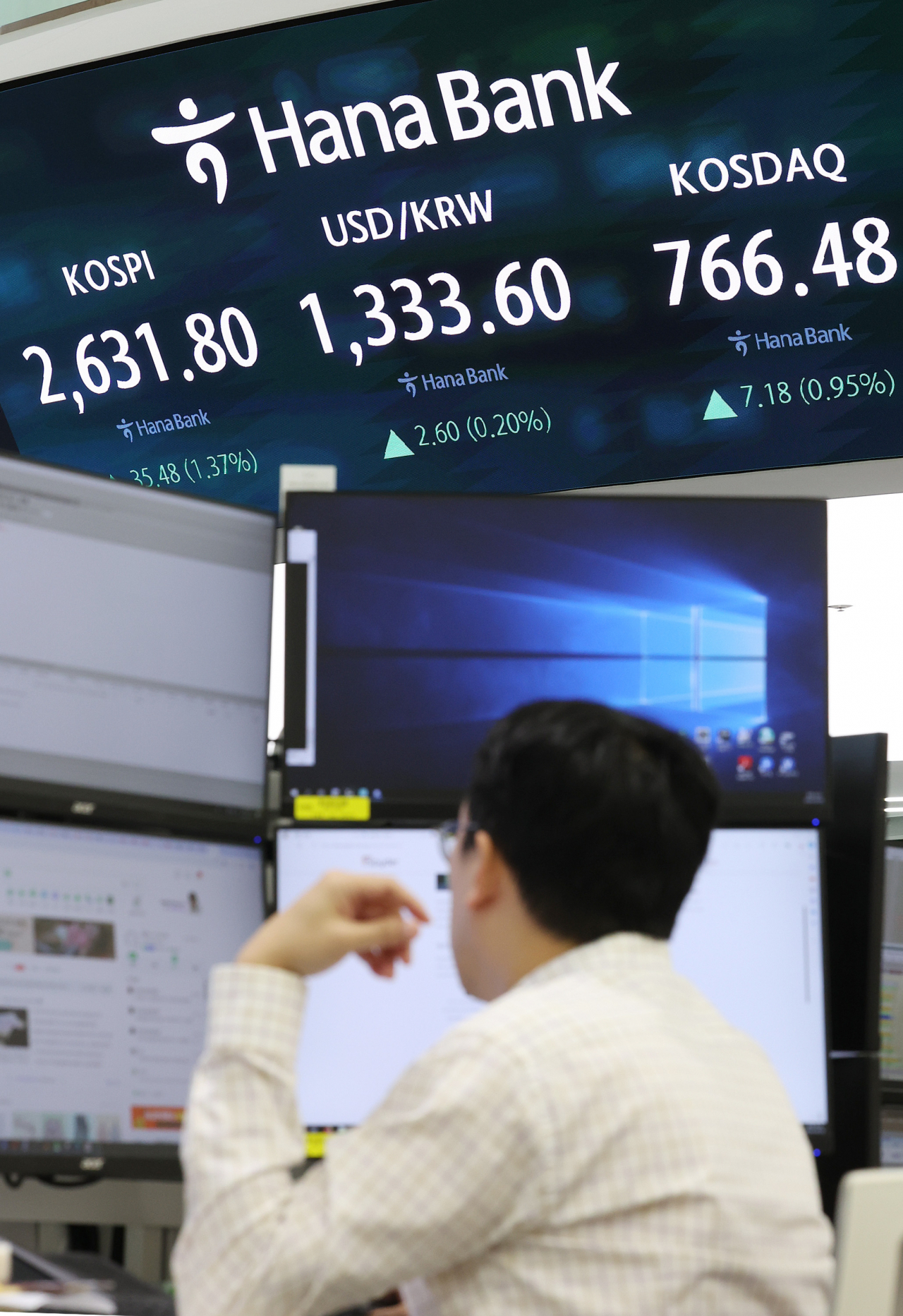 An electronic board showing the Korea Composite Stock Price Index at a dealing room of the Hana Bank headquarters in Seoul on Friday. (Yonhap)