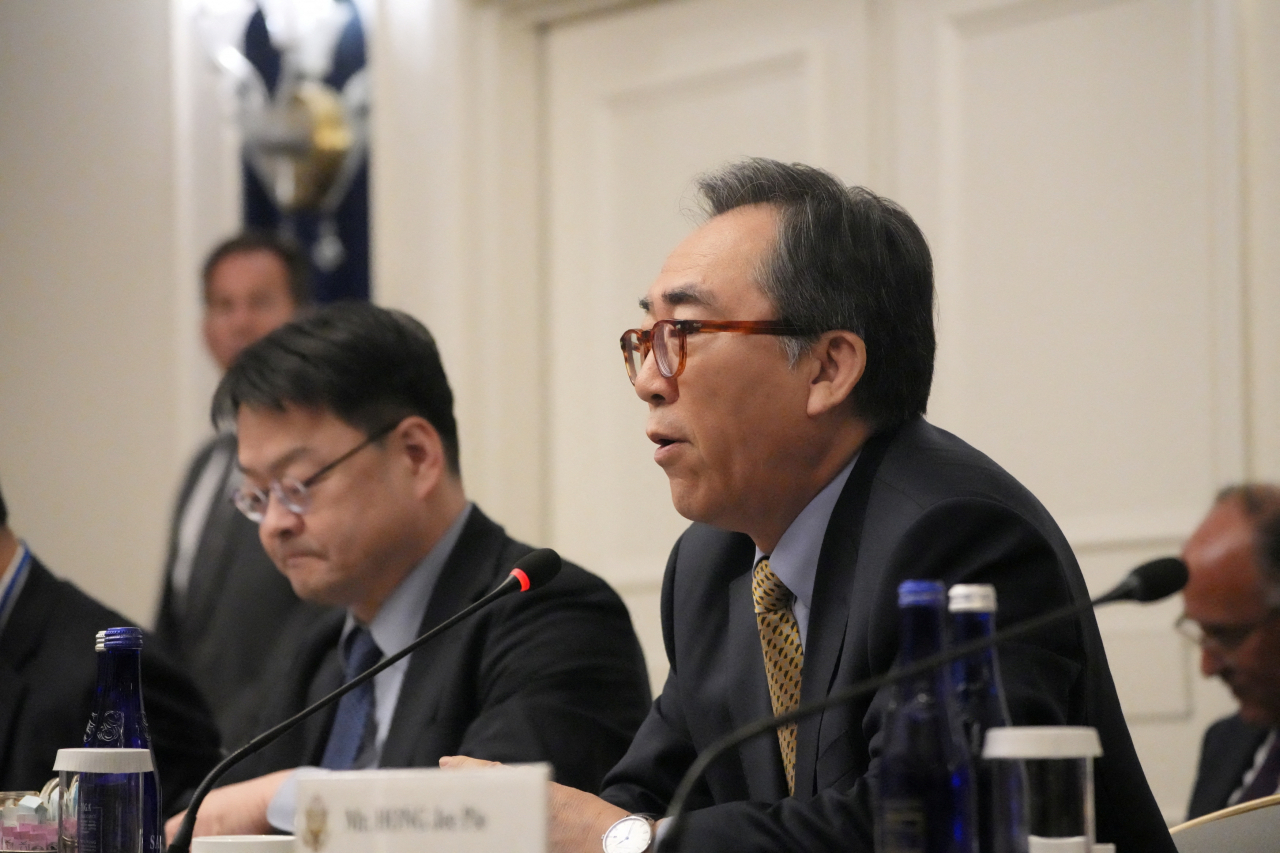 South Korean Foreign Minister Cho Tae-yul speaks during a meeting with US Secretary of State Antony Blinken and Japanese Foreign Minister Yoko Kamikawa in New York City on Monday. (Pool Photo via Reuters)