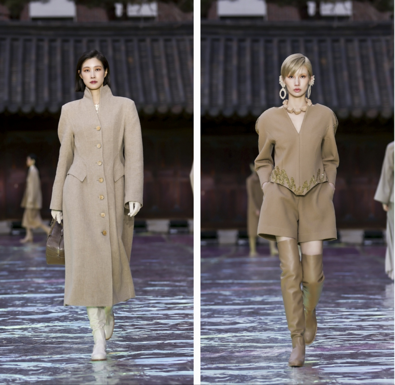 Models wear creations for Miss Gee Collection as part of the fall-winter 2024 collection at Unhyeongung in Seoul on March 20. (Miss Gee Collection)