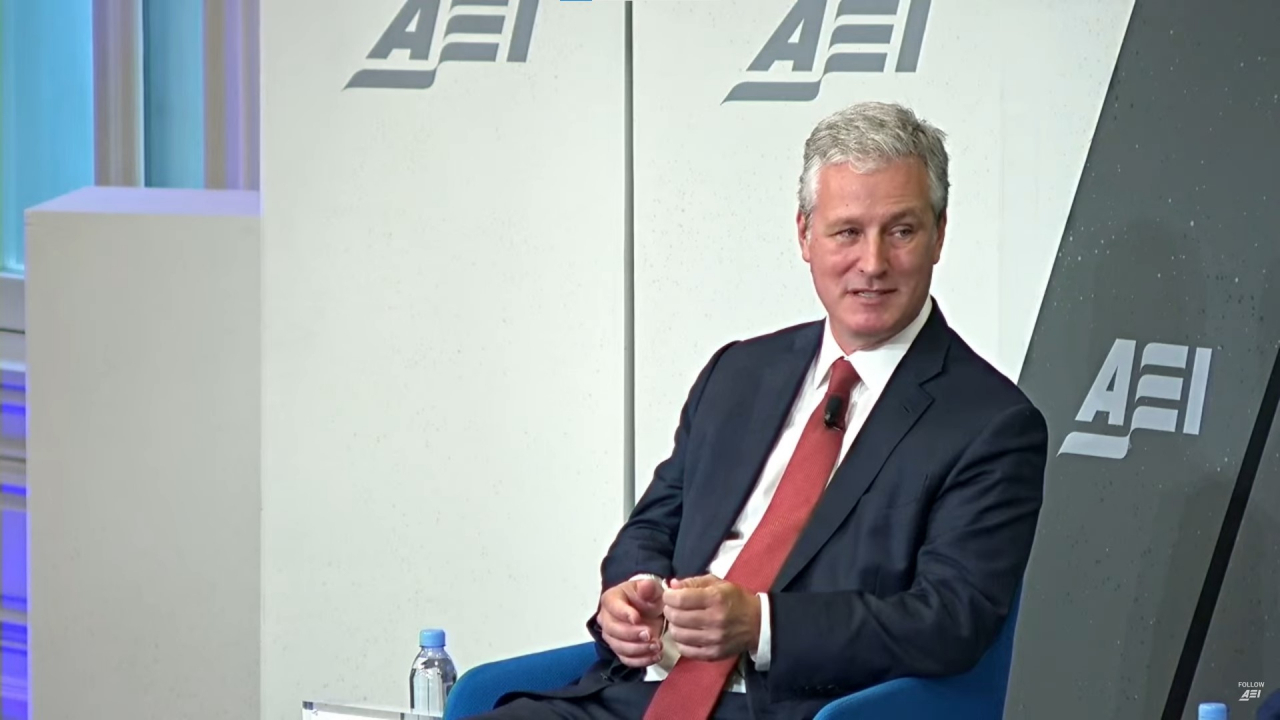 Robert O'Brien, a former US national security advisor, speaks during a forum on China's threat to American security hosted by the Washington-based American Enterprise Institute (AEI) on Thursday in this photo captured from a AEI YouTube account. (Yonhap)