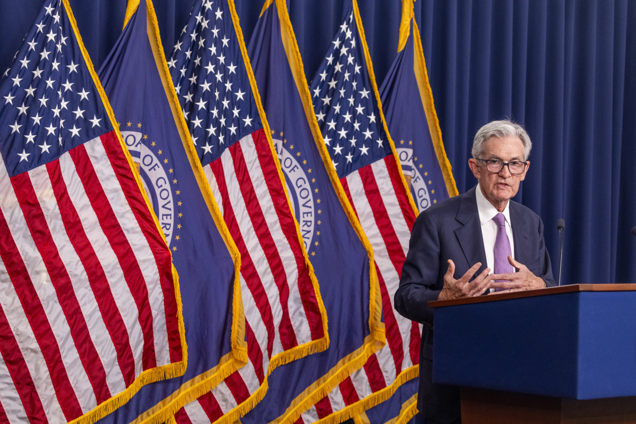 US Federal Reserve Board Chairman Jerome Powell responds to a question from the news media after the Fed cut its benchmark interest rate half-point following its two-day conference at the Federal Reserve in Washington, DC, USA, Sept. 18. (AP)