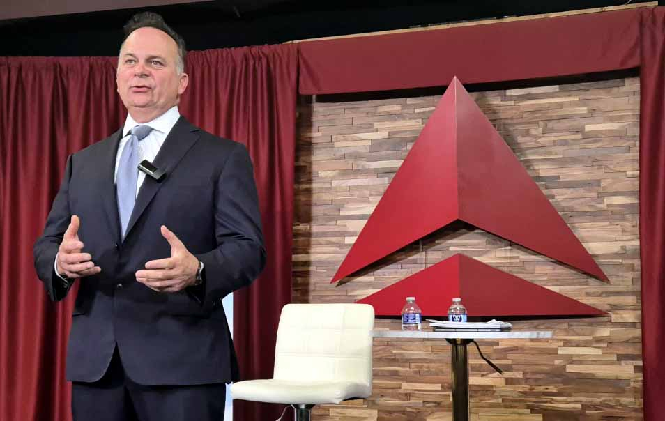 Delta Air Lines Network Planning Senior Vice President Joe Esposito speaks to reporters during a press conference held at the Delta Air Lines' headquarters in Atlanta, US, on Thursday. (Joint Press Corps)