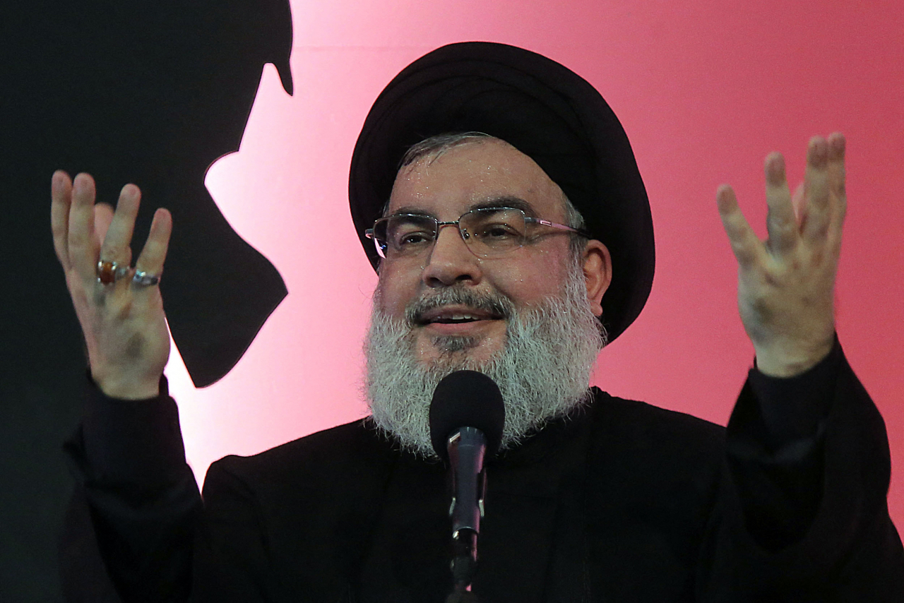 Hassan Nasrallah, the head of Lebanon's militant Shiite Muslim movement Hezbollah, speaks during a ceremony in a southern suburb of the capital Beirut on October 11, 2016. (AFP-Yonhap)