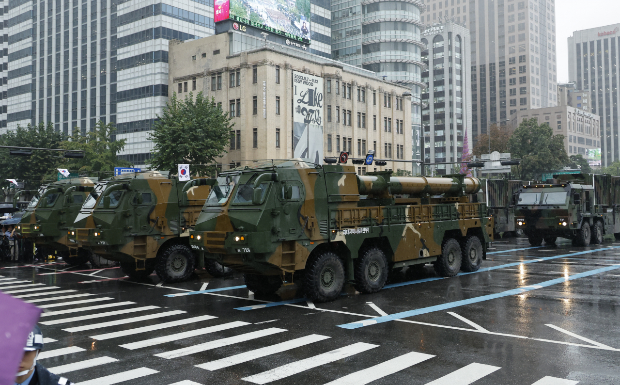 South Korea's Hyunmoo ground-to-ground missiles are displayed during a military parade in downtown Seoul on Sept. 26, 2023, in commemoration of the 75th anniversary of Armed Forces Day. (The presidential office)