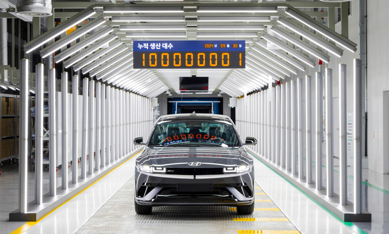 An Ionic 5 is shown at the company's Ulsan plant on Monday. It was the 100 millionth car to be produced by the carmaker. (Hyundai Motor Group)