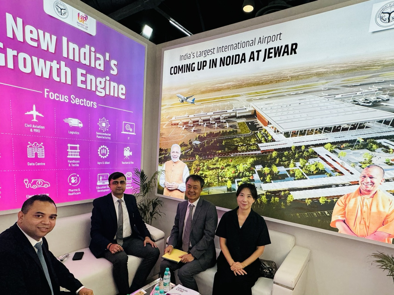 Invest UP CEO Abhishek Prakash(second from left) interacts with The Korea Herald during Uttar Pradesh International Trade Show (UPITS) 2024 at Gautam Buddha Nagar, Uttar Pradesh on September 25. (Sanjay Kumar/ The Korea Herald)