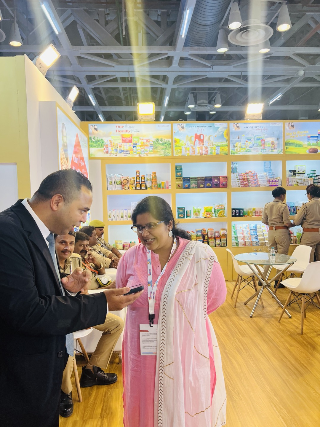 Pragya Shukla(right) of the Patanjali group speaks with The Korea Herald at Uttar Pradesh International Trade Show (UPITS) 2024 at Gautam Buddha Nagar, Uttar Pradesh on September 25. (Sanjay Kumar/ The Korea Herald)