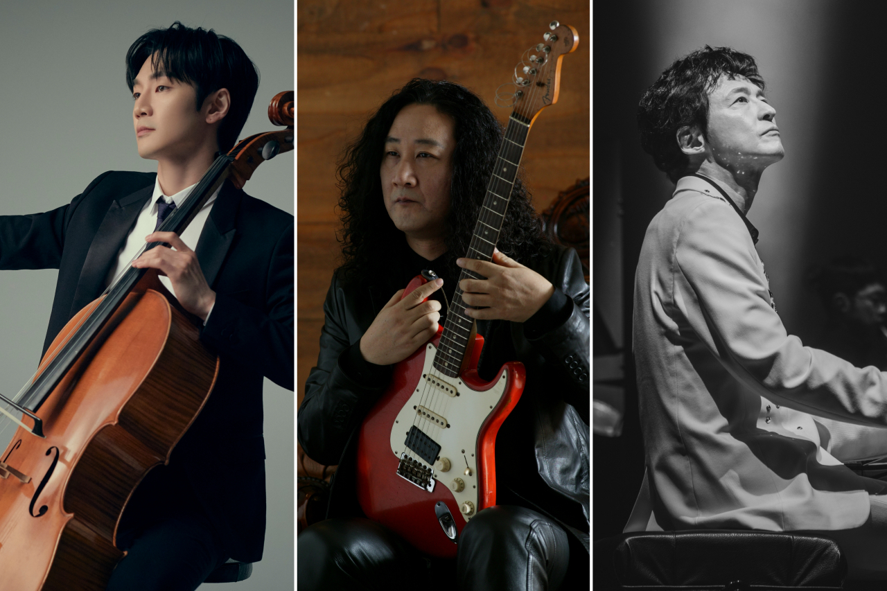 From left, cellist Hong Jin-ho, guitarist Kim Do-kyoon and pianist Yang Bang-eun will perform at the 2024 Korean Traditional Music Orchestra Festival. (Sejong Center for the Performing Arts)