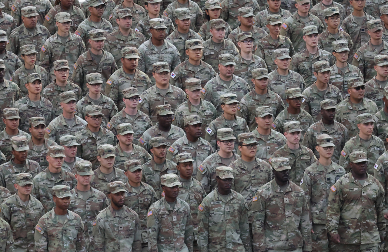 United States Forces Korea servicemen take part in a military parade in Jung-gu, Seoul, Tuesday. (Yonhap)