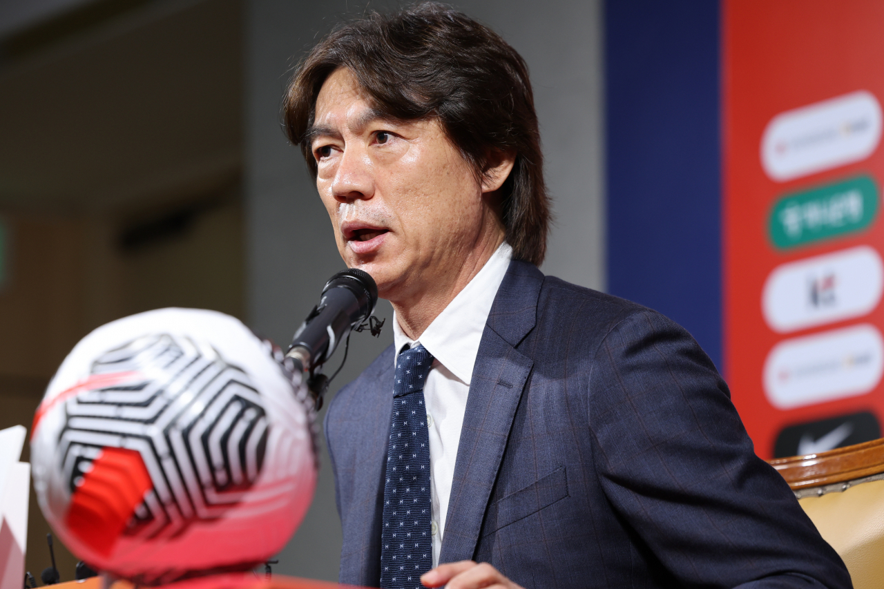 Hong Myung-bo, head coach of the South Korean men's national football team, speaks at a press conference at the Korea Football Association House in Seoul on Monday, announcing his squad for World Cup qualifying matches in October. (Yonhap)