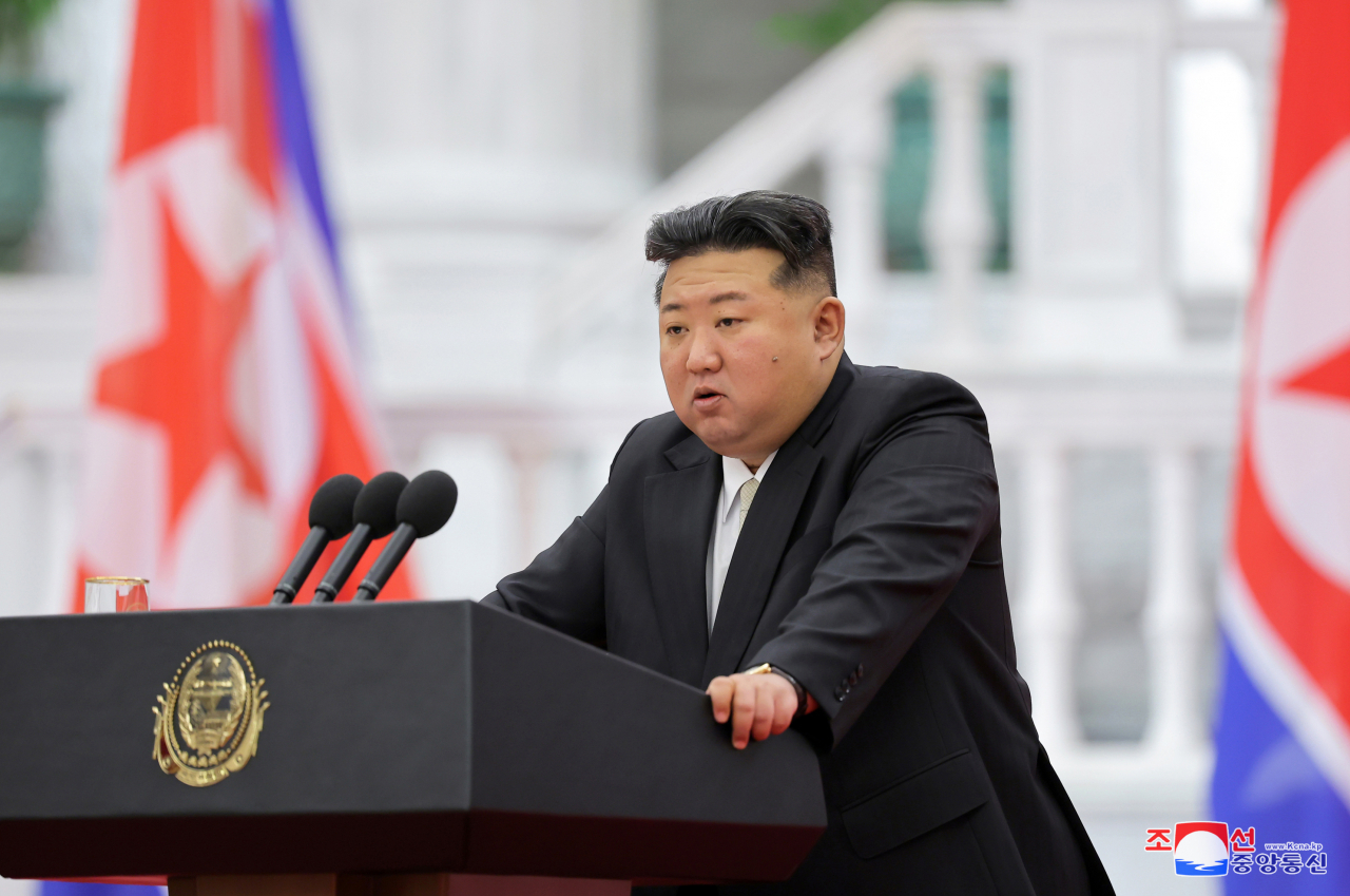 North Korean leader Kim Jong-un delivers a speech in Pyongyang on Sept. 9, 2024, during a ceremony marking the 76th anniversary of the country's founding, in this photo released by the state-run Korean Central News Agency on the following day. (Yonhap)