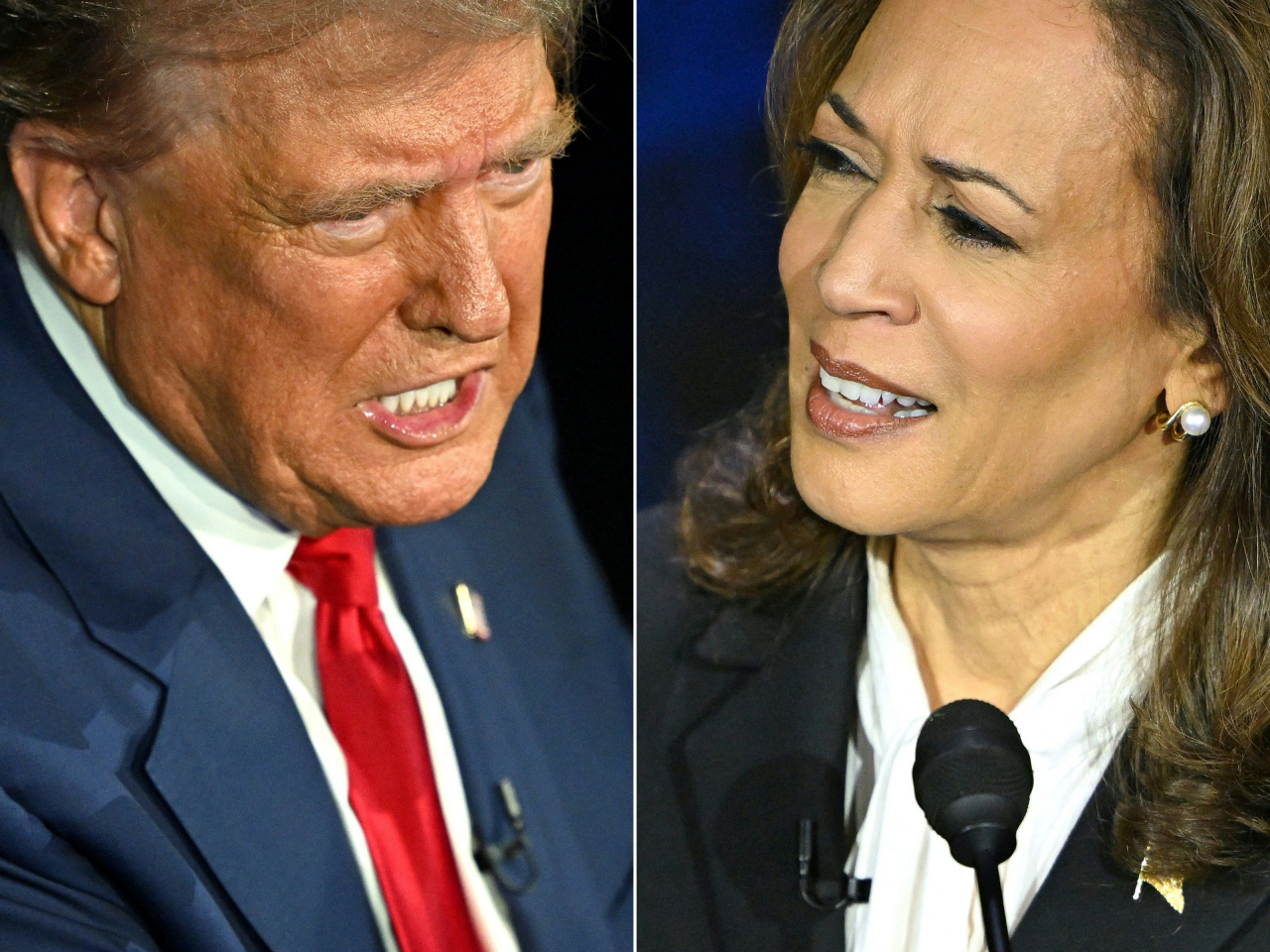 This combination of pictures created on Sept. 10 shows former US President and Republican presidential candidate Donald Trump (left) and US Vice President and Democratic presidential candidate Kamala Harris participating in a presidential debate at the National Constitution Center in Philadelphia, Pennsylvania, on Sept. 10. (AFP)