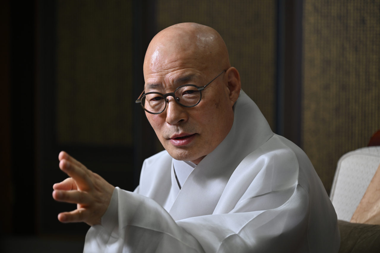 The Ven. Jinwoo, president of the Jogye Order of Korean Buddhism, speaks during an interview with The Korea Herald at Jogyesa in Seoul on April 23. (Im Se-jun/The Korea Herald)