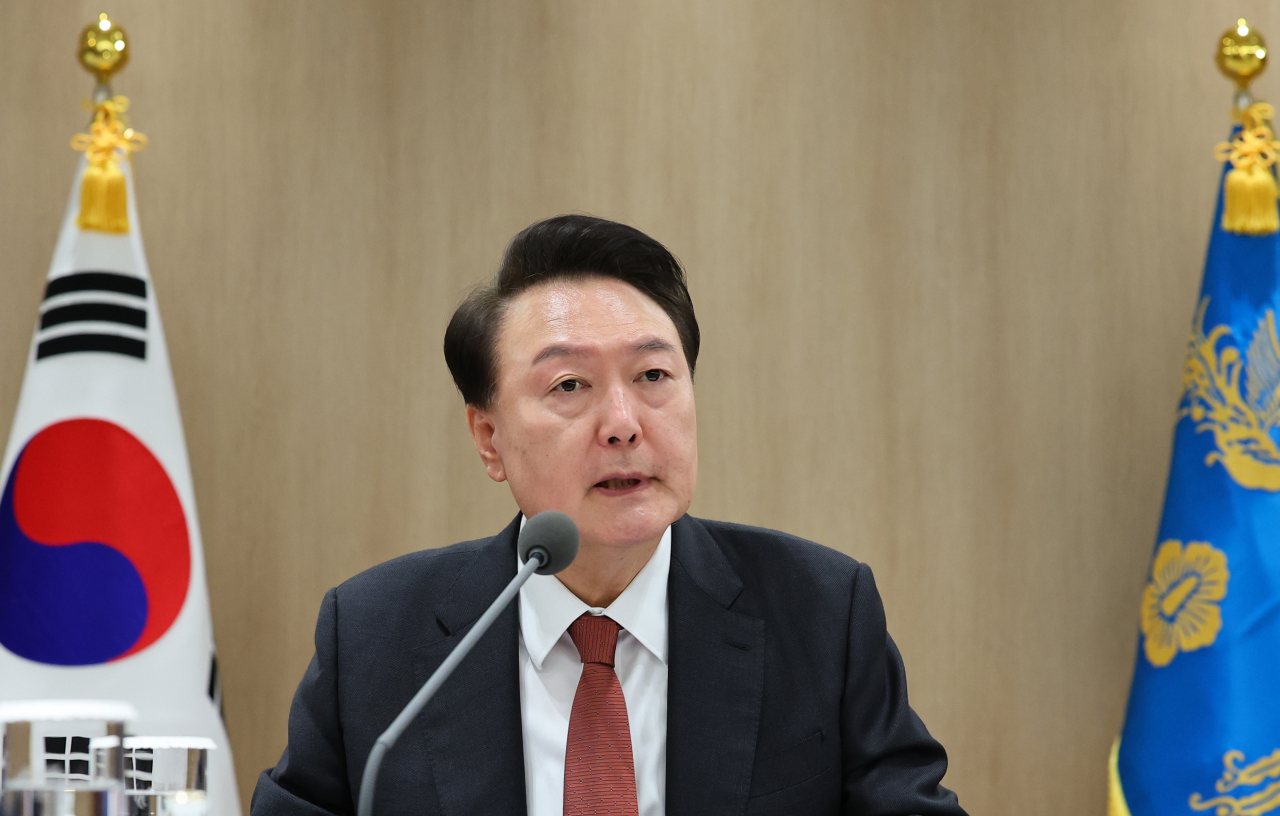 President Yoon Suk-yeol addresses an emergency meeting on economic and security measures in response to the Middle East crisis, held at the presidential office in Yongsan, Seoul, on Wednesday. (Pool Photo via Yonhap)