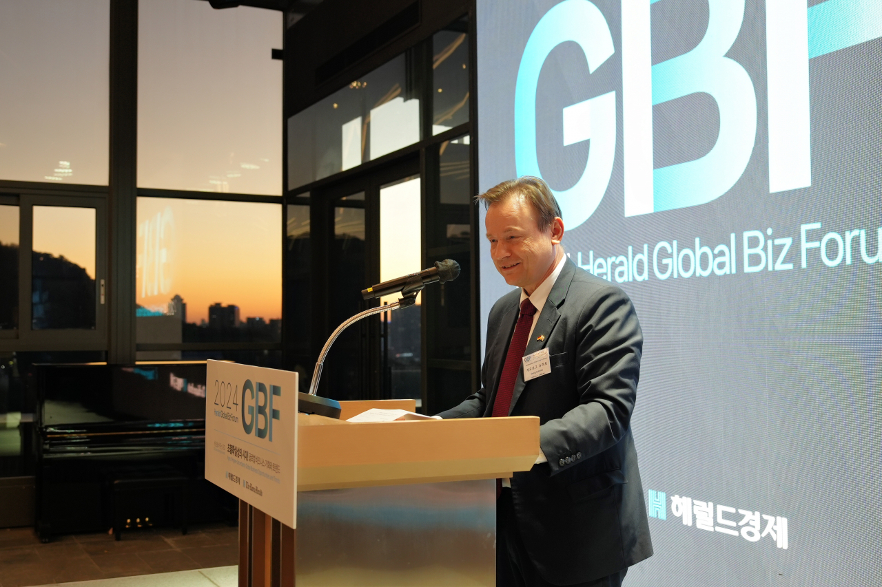 German Ambassador to Seoul Georg Schmidt delivers a welcome speech at The Korea Herald’s Global Business Forum in Seoul on Wednesday. (The Korea Herald)