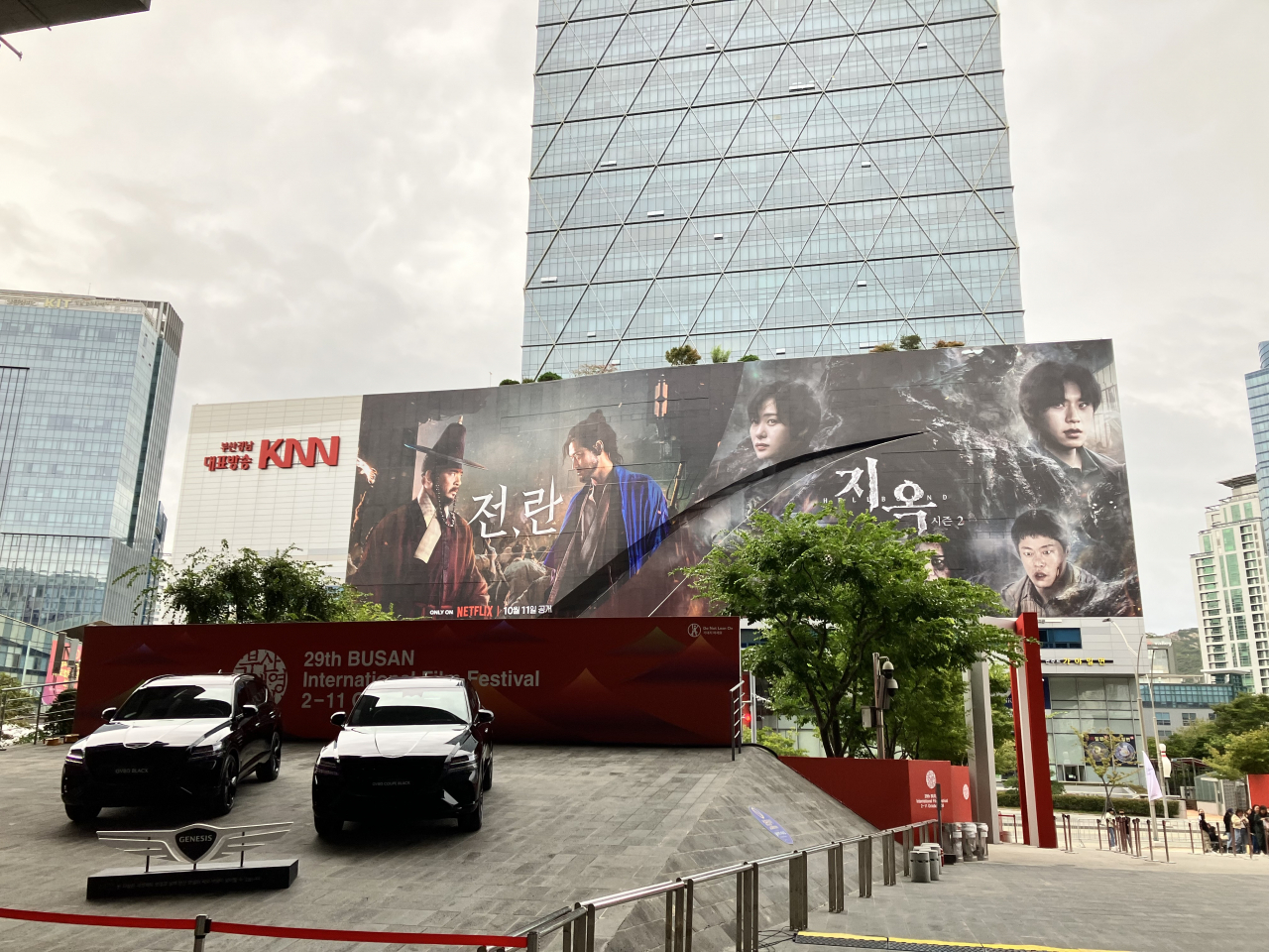 Netflix content “Uprising” and “Hellbound 2” promotions in Busan. (Kim Da-sol/The Korea Herald)