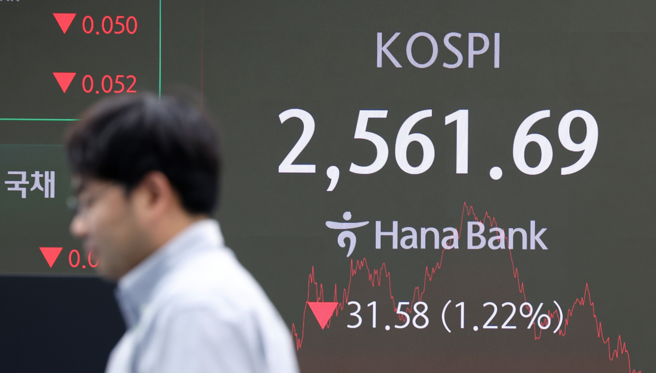 Electronic board at a dealing room of the Hana Bank headquarters in Seoul shows the Kospi closing at 2,561.69 on Wednesday, down 1.22 percent from the previous trading day. (Yonhap)