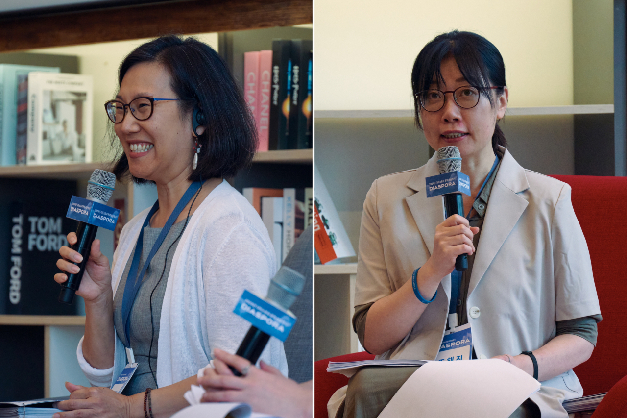 Poet Jennifer Kwon Dobbs (left) and writer Cho Hae-jin speak during a talk on diaspora literature at Myeongdong, central Seoul, Sunday. (LTI Korea)