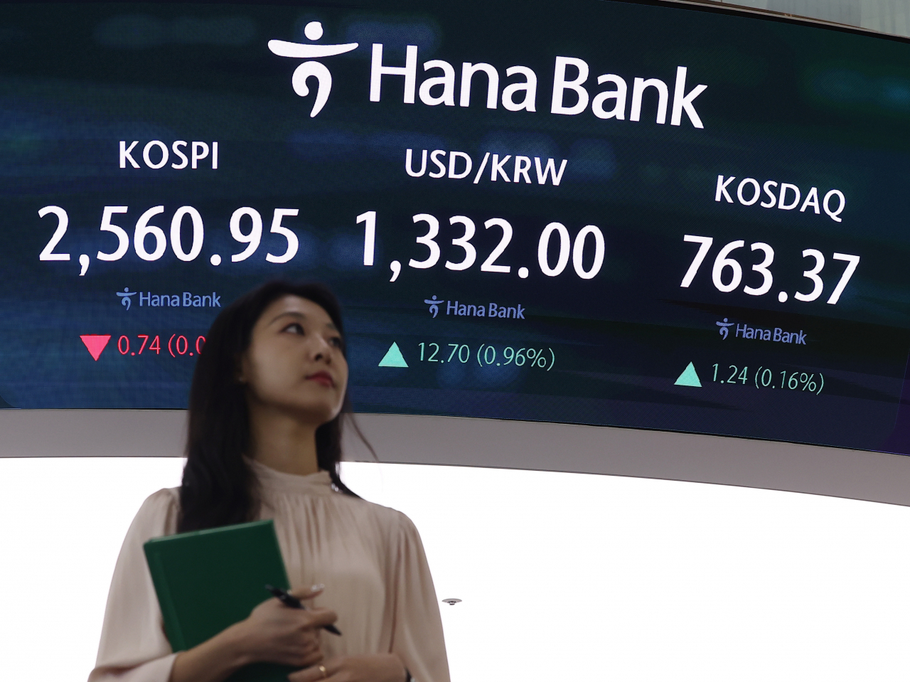 An electronic board showing the Korea Composite Stock Price Index at a dealing room of the Hana Bank headquarters in Seoul on Friday. (Yonhap)