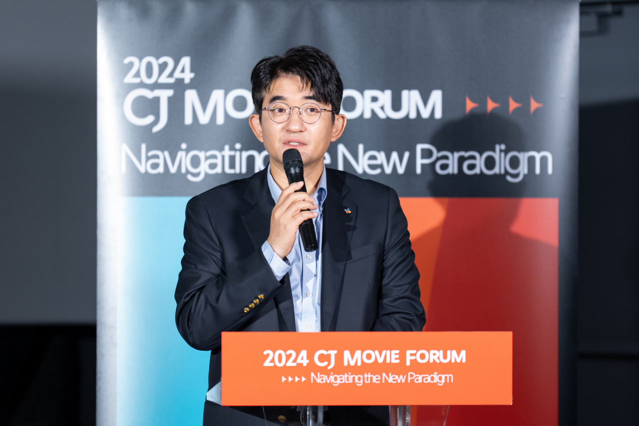 CJ ENM CEO Yoon Sang-hyun speaks during the 2024 CJ Movie Forum held in Busan on Friday. (CJ ENM)