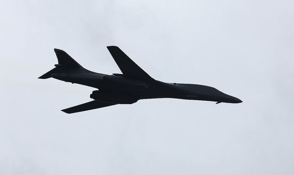 A US B-1B heavy bomber flies over Seoul Air Base in Seongnam, just south of Seoul, for the Armed Forces Day ceremony on Oct. 1, 2024. (Yonhap)