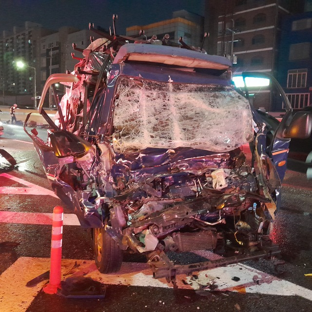 The photo shows a heavily damaged vehicle at the site of a car crash. (Incheon Fire Department)