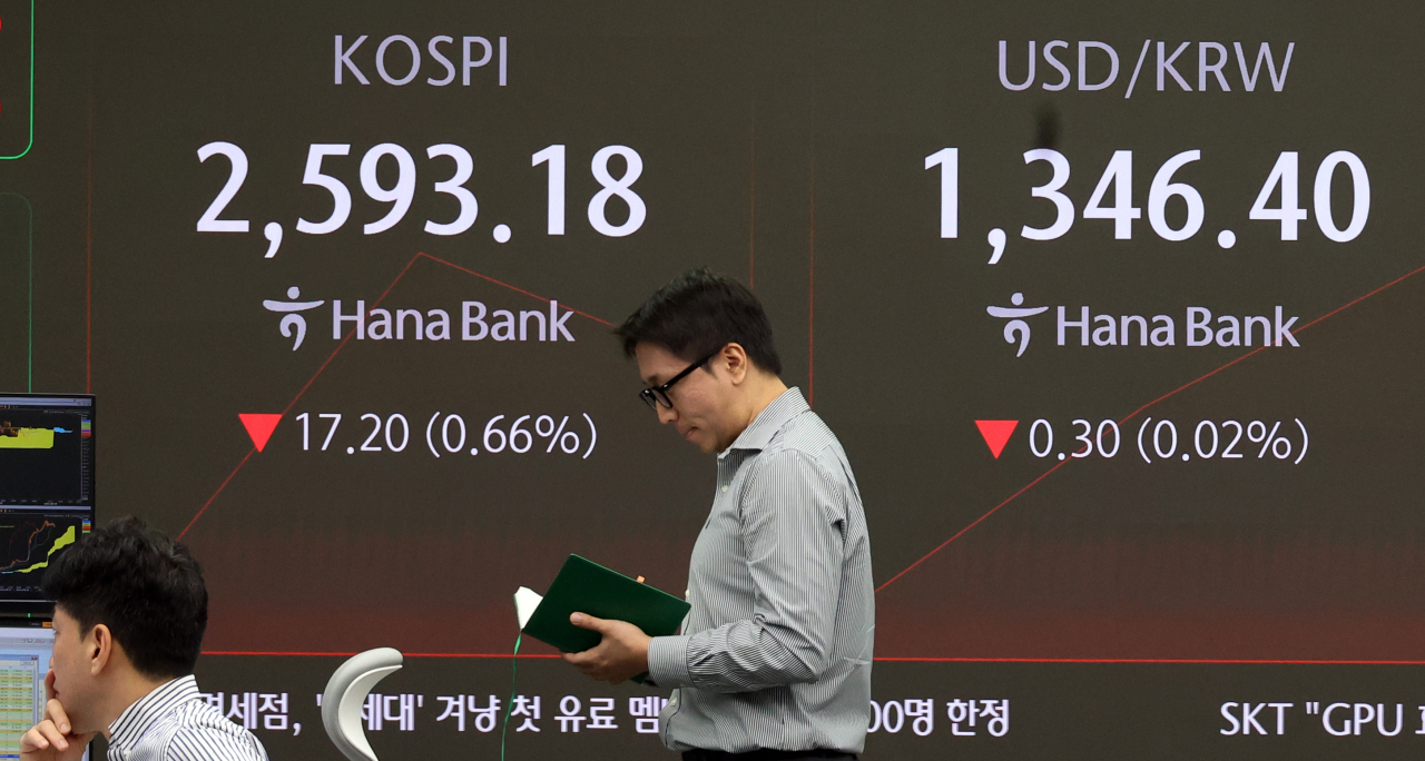 An electronic board showing the Korea Composite Stock Price Index at a dealing room of the Hana Bank headquarters in Seoul on Tuesday. (Yonhap)